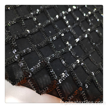 Broided Mesh Mateh Sequin Diamond Black Broidered Sequin Mesh Fabrière de tissu sur Spandex